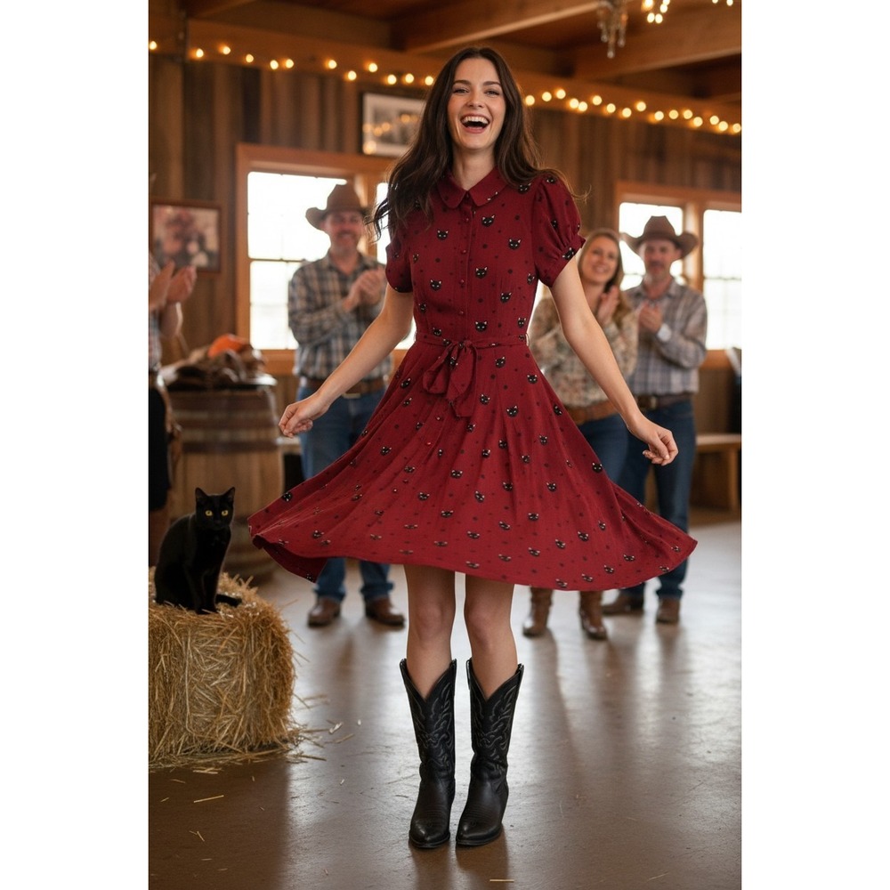Burgundy Black Cat face swing fit and flare dress Collectif London Retro US 2